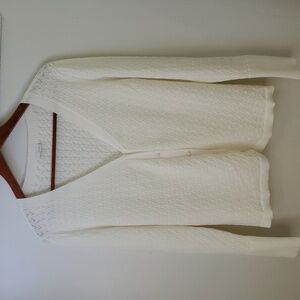 Ecru Soft Knit Pointelle Cardigan Large Cuffs Fabric Covered Buttons Cream Large